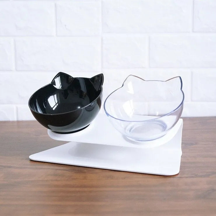 Non slip double cat bowl with raised stand transparent plastic pet feeder for dogs and cats