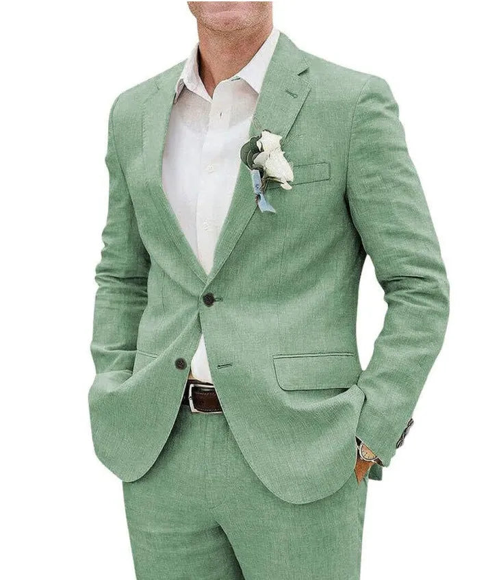Men's beige linen blend two-piece suit with slim fit tailoring for light business wear