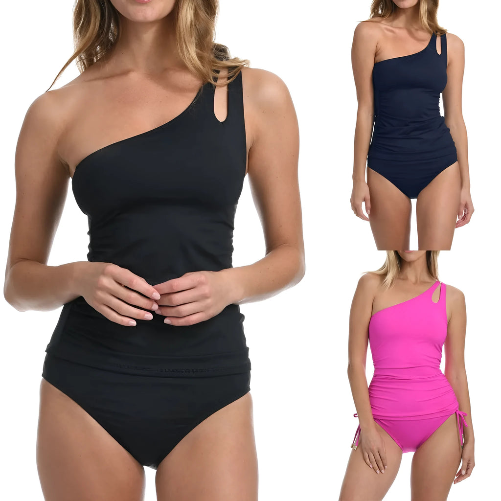 European style women's solid colour shoulder-strap bikini set with polyester lining