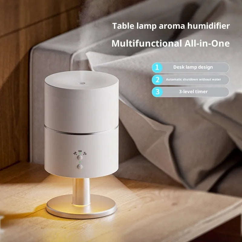 Desk lamp humidifier with silent night light and ultrasonic function in black finish, showing timer control and mist outlet
