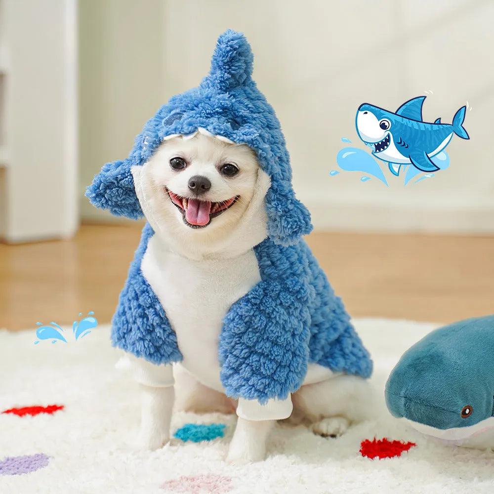 Sea blue shark plush pet costume for dogs and cats with thickened polyester material