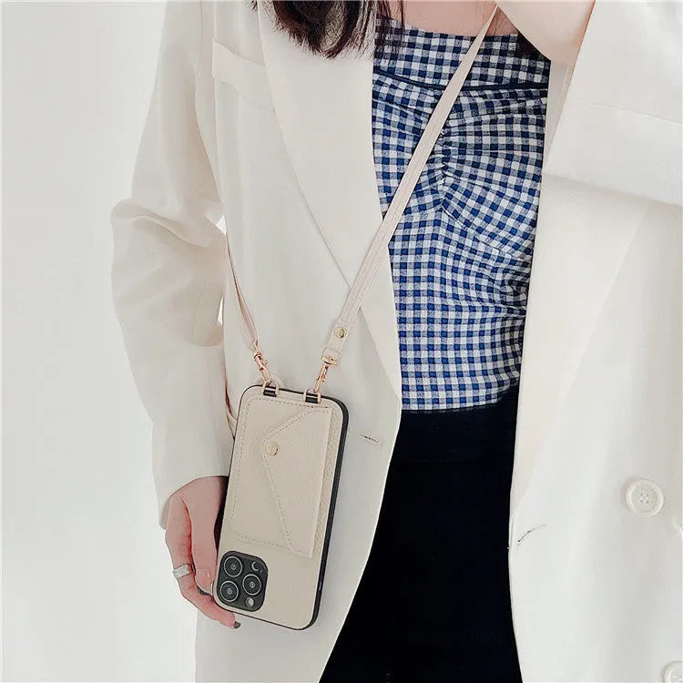 Lychee pattern card holder phone case in black with diagonal card slot and long rope