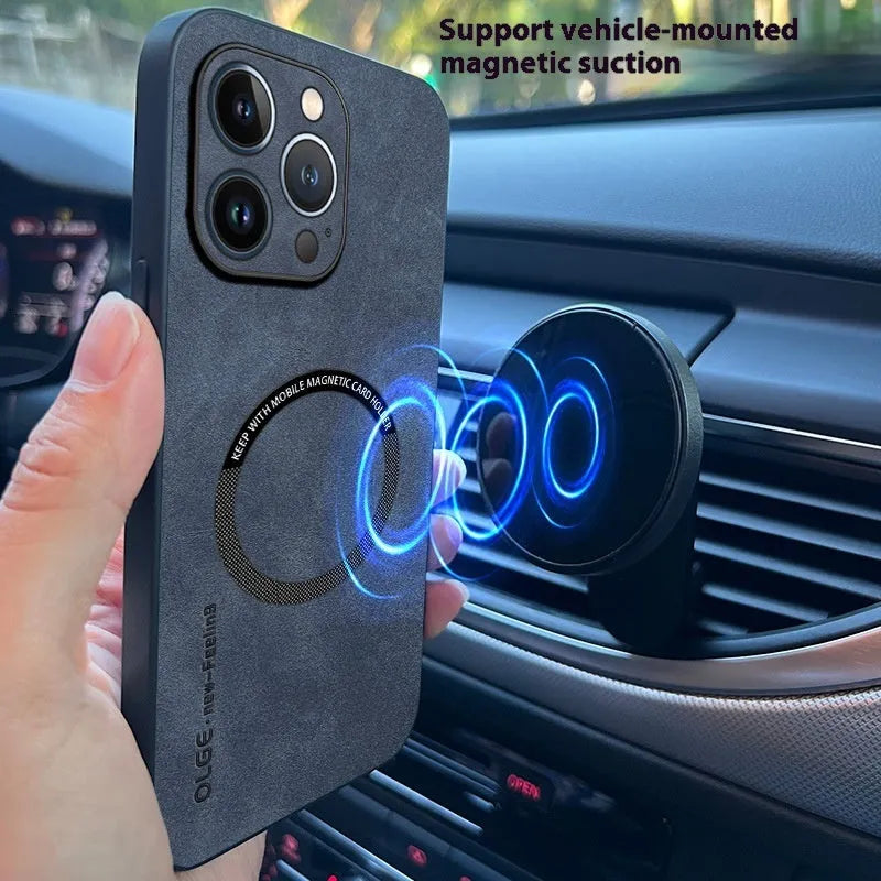 Magnetic Sheepskin All-inclusive Drop-resistant Business Phone Case Compatible with iPhone 12-16 Pro Max Series in Graphite Black Dark Night Green Sapphire Blue Golden Brown Galactic Gray