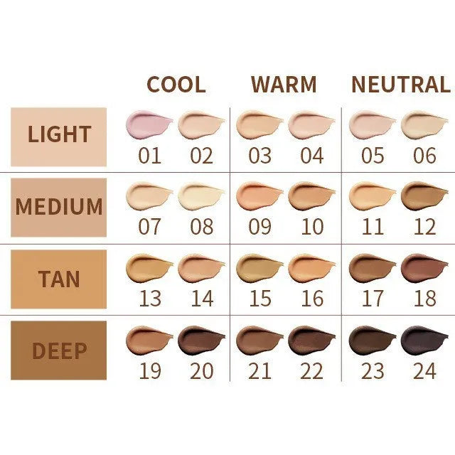 A concealer liquid pen showing 24 colour shade options from 01 to 24 for waterproof, sweatproof coverage and contouring.