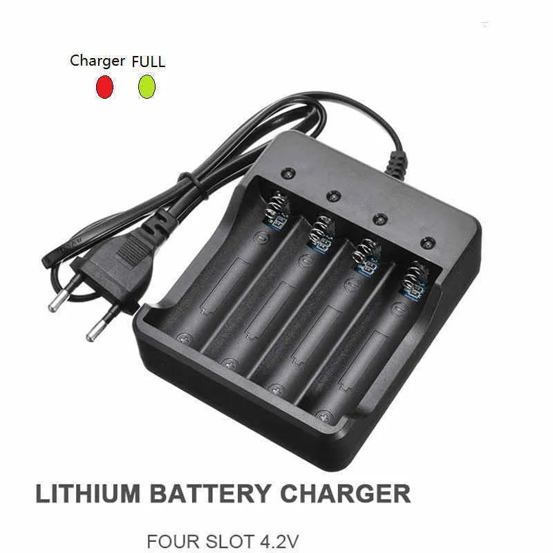 Four-slot 18650 smart battery charger with cable in black finish