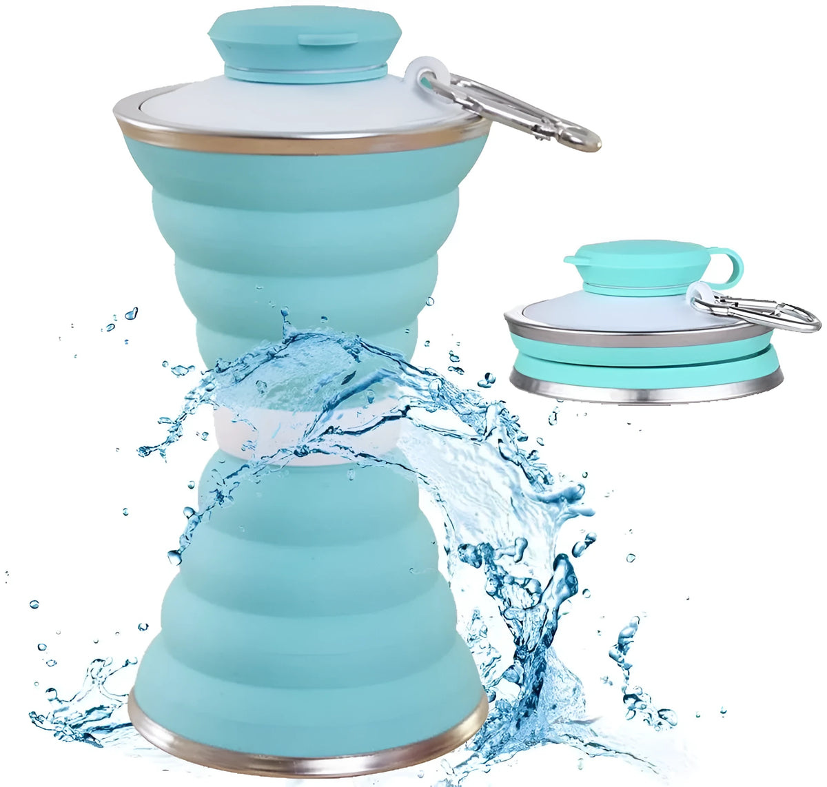 500ml foldable silicone water bottle cup in grey, collapsed to 9.6x4.6cm, with hanging hook and leak-proof lid
