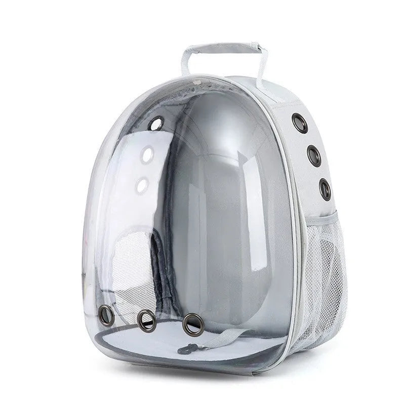 Grey PC plastic astronaut-style cat carrier bag with a side opening panel.