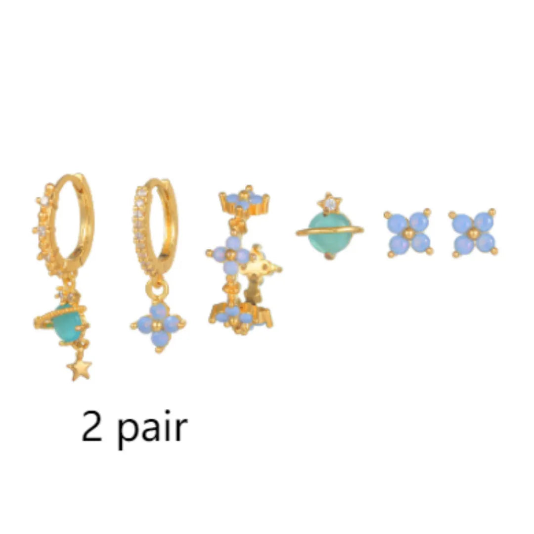 Blue protein colour flower nail design earrings with zircon accents in gold and silver options