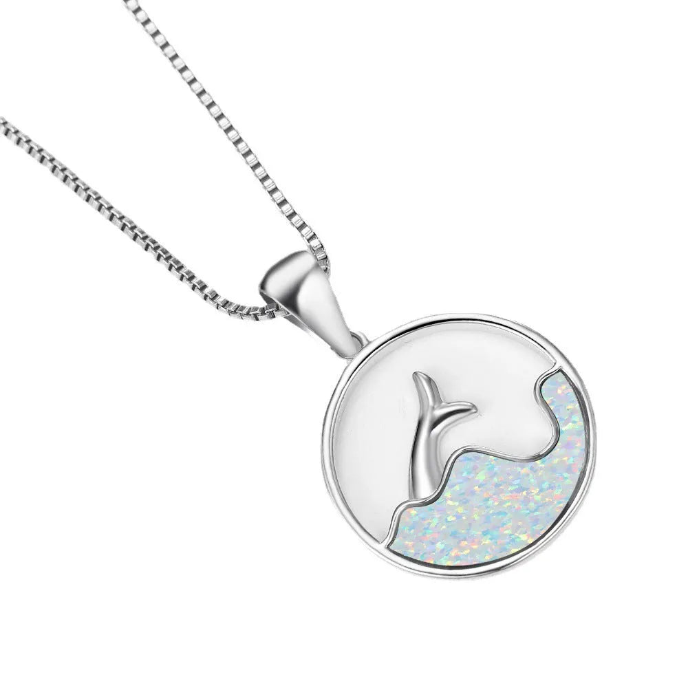 Geometric sea fishtail pendant necklace with electroplated white gold finish and round decorative elements