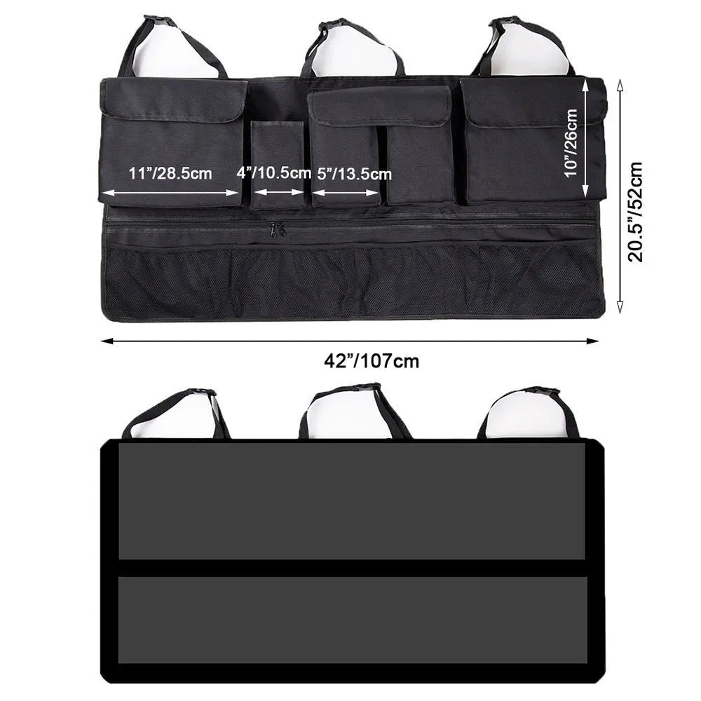 Black waterproof Oxford cloth car boot hanging storage bag with carry handle.