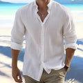 Men's long-staple cotton pullover beach shirt in light blue with button front and stitching details