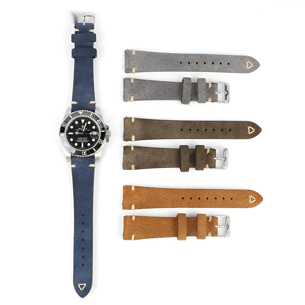 Genuine suede leather watch strap in Army Green, shown alongside brown, blue, and grey options for 20mm and 22mm watches.
