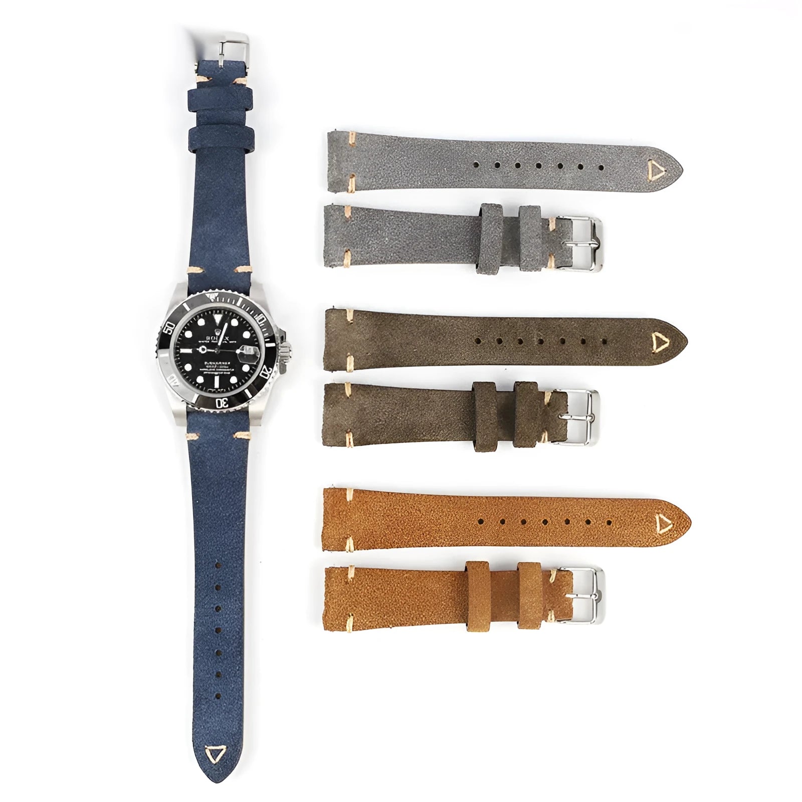 Genuine suede leather watch strap in Army Green, shown alongside brown, blue, and grey options for 20mm and 22mm watches.