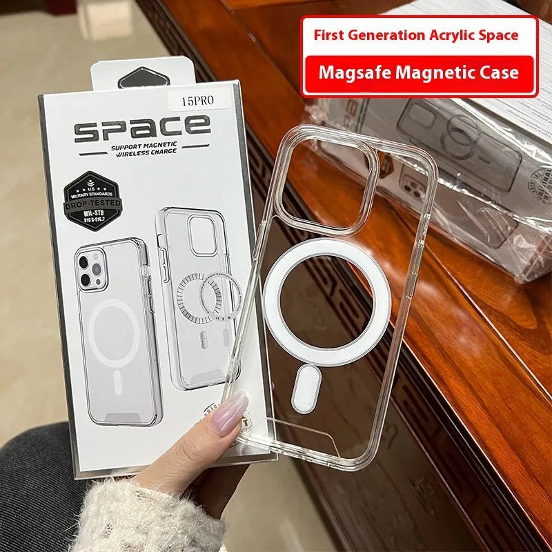 Transparent magnetic acrylic phone case for Apple iPhone, shockproof TPU bumper, anti-fingerprint back, electroplated magnetic ring