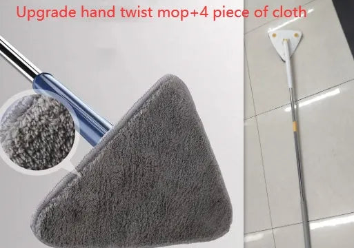 Blue triangle cleaning mop with rotating head and extendable stainless steel pole on a tiled floor
