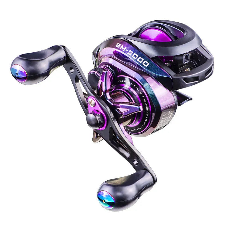 BM2000 model fishing reel showing left-hand and right-hand retrieve options with magnet brake system.