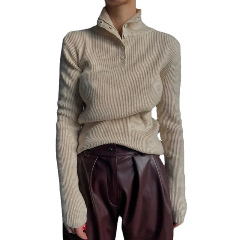 Women's slim-fit retro pullover sweater with a half-turtleneck neckline and single-breasted placket in silver grey.