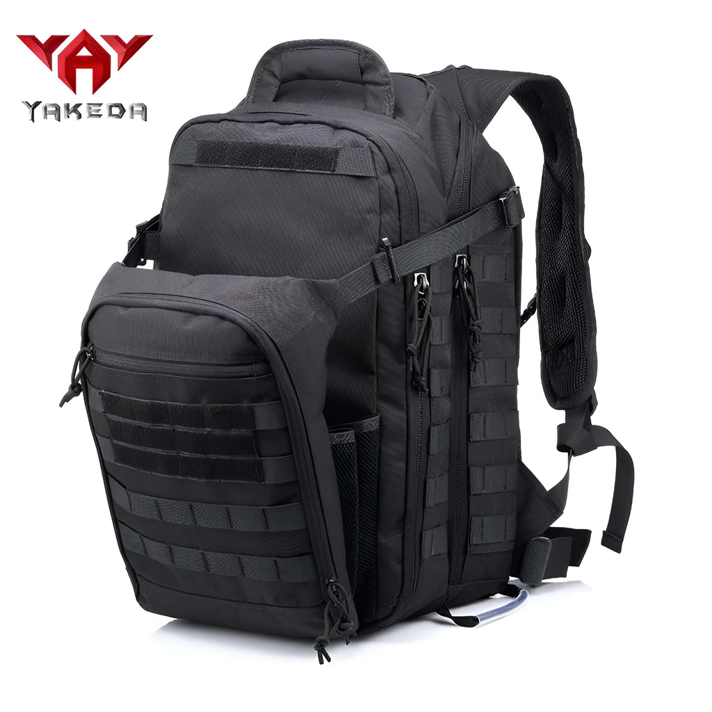Tactical backpack 45L solid colour black outdoor hiking backpack on plain background