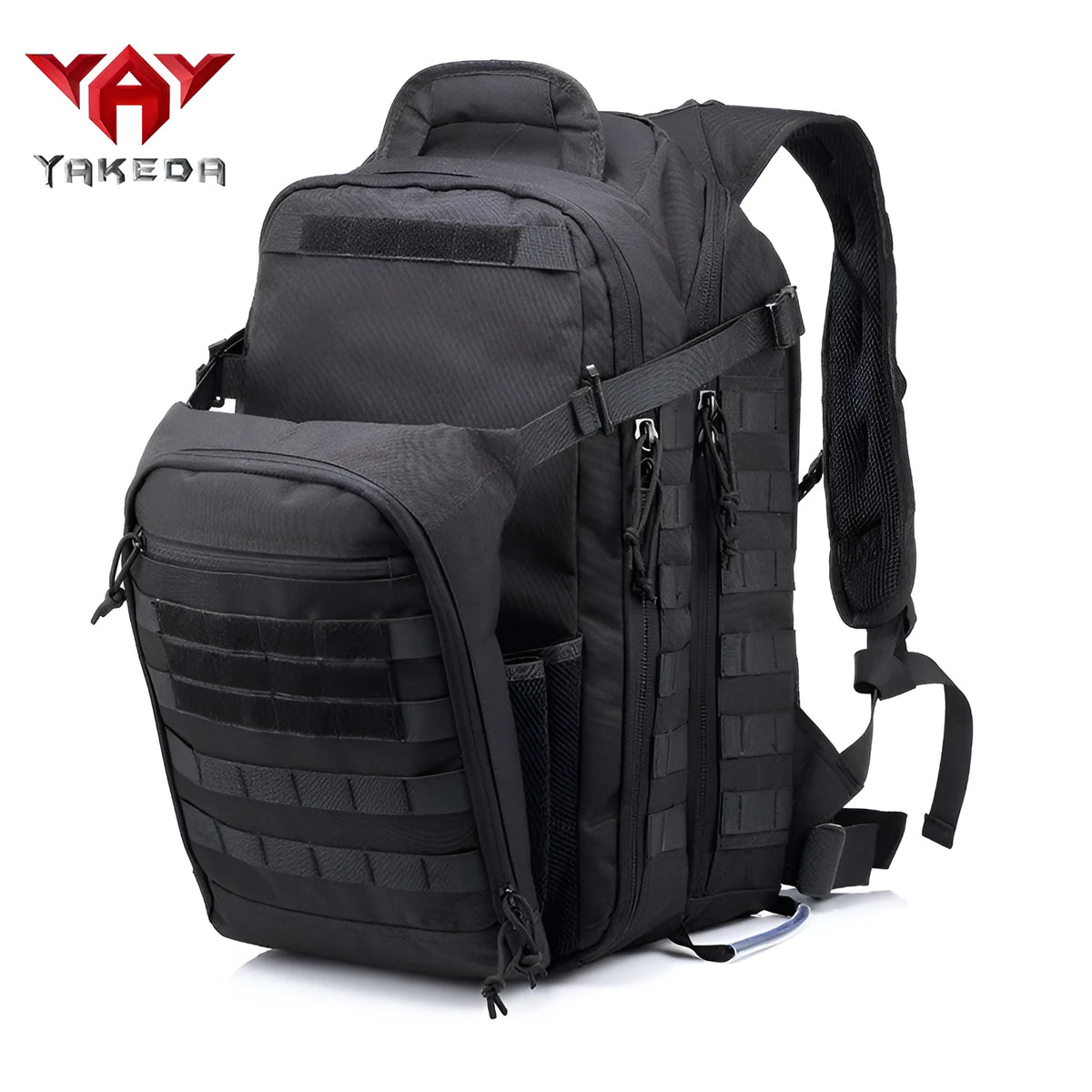 Tactical backpack 45L solid colour black outdoor hiking backpack on plain background