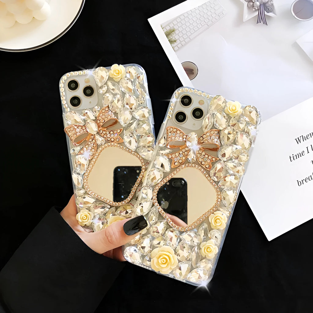 Rhinestone mirror bow silicone phone case for iPhone, aura bright white flower colour, all-inclusive design