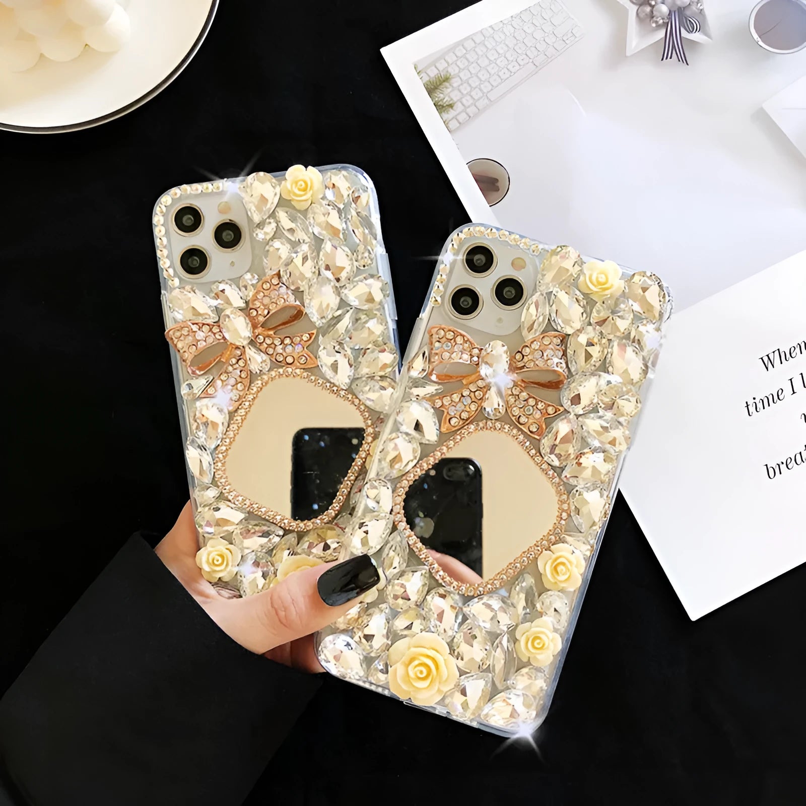 Rhinestone mirror bow silicone phone case for iPhone, aura bright white flower colour, all-inclusive design