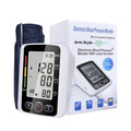 Automatic electronic arm blood pressure monitor with large LCD screen and black cuff.