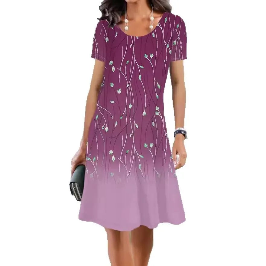 Women's ice silk dress with plants and flowers print, A-line skirt, short sleeves, round neck
