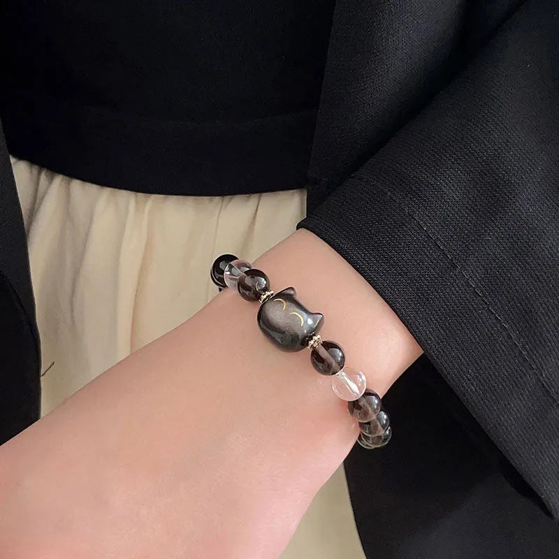 Women's opal cat head bracelet with 8mm ice stone beads and adjustable chain in natural silver stone colour