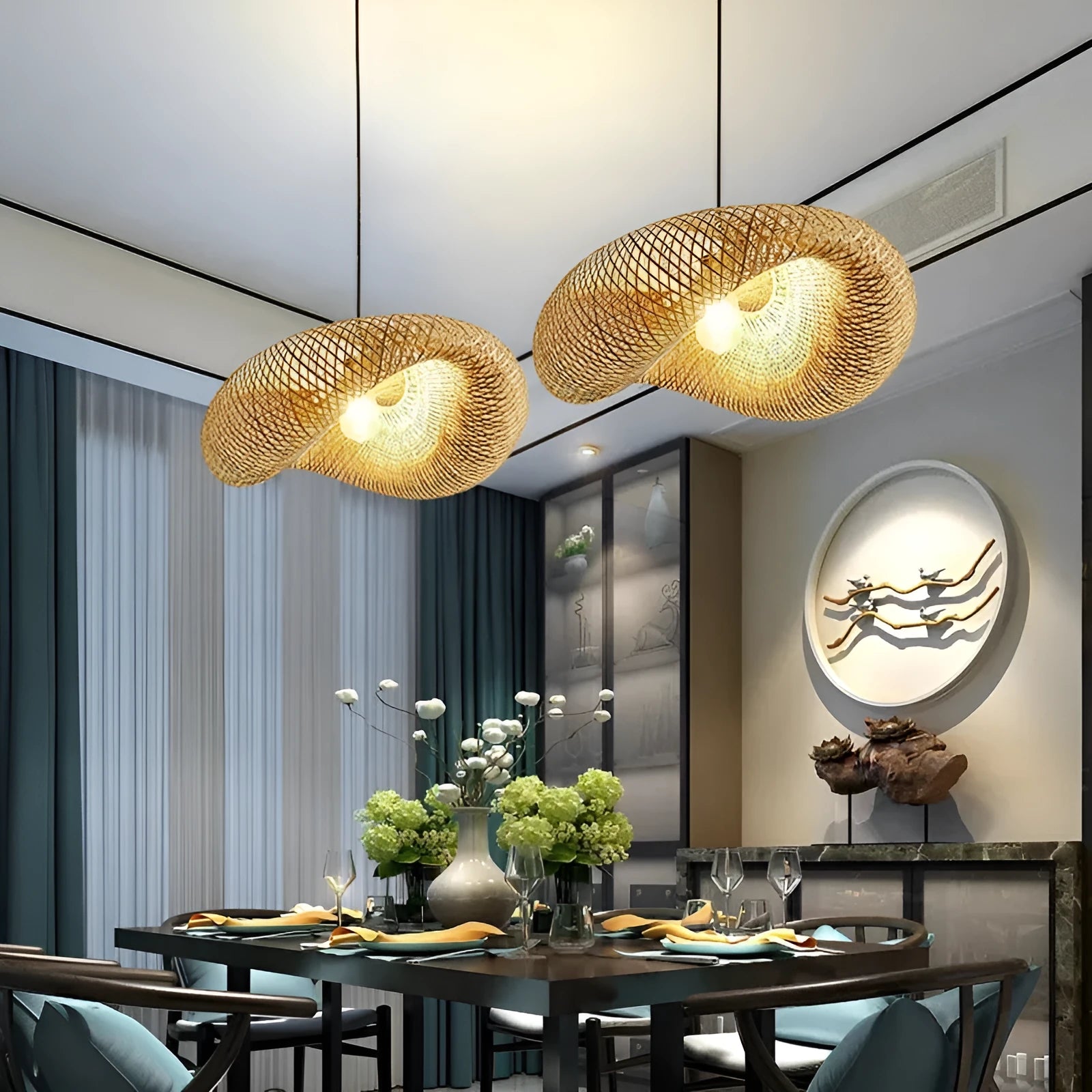 Bamboo straw hat-shaped hanging pendant lamp showing natural bamboo construction and diffused lighting design