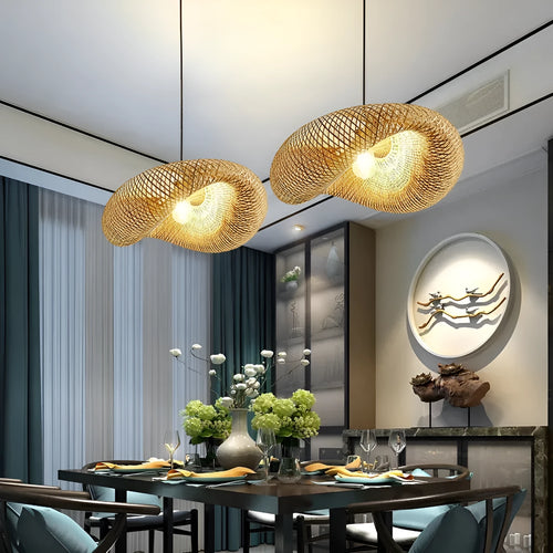 Bamboo straw hat-shaped hanging pendant lamp showing natural bamboo construction and diffused lighting design
