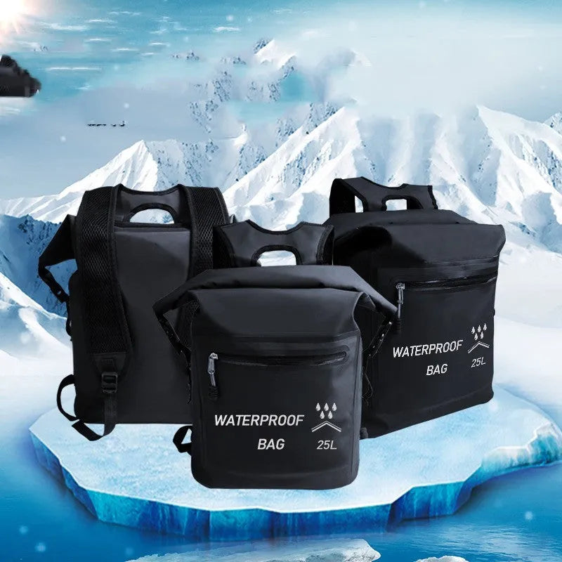 Black 25 litre waterproof backpack for outdoor water activities