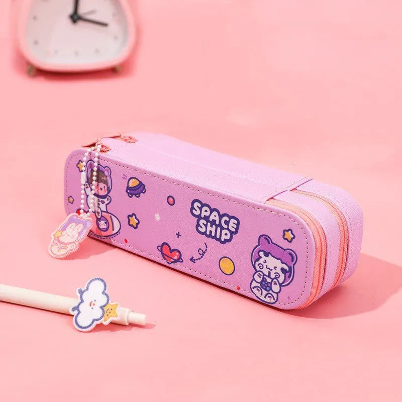 Ins cartoon double-layer PU pencil case with cute astronaut design, available in multiple colours and sizes S to XL