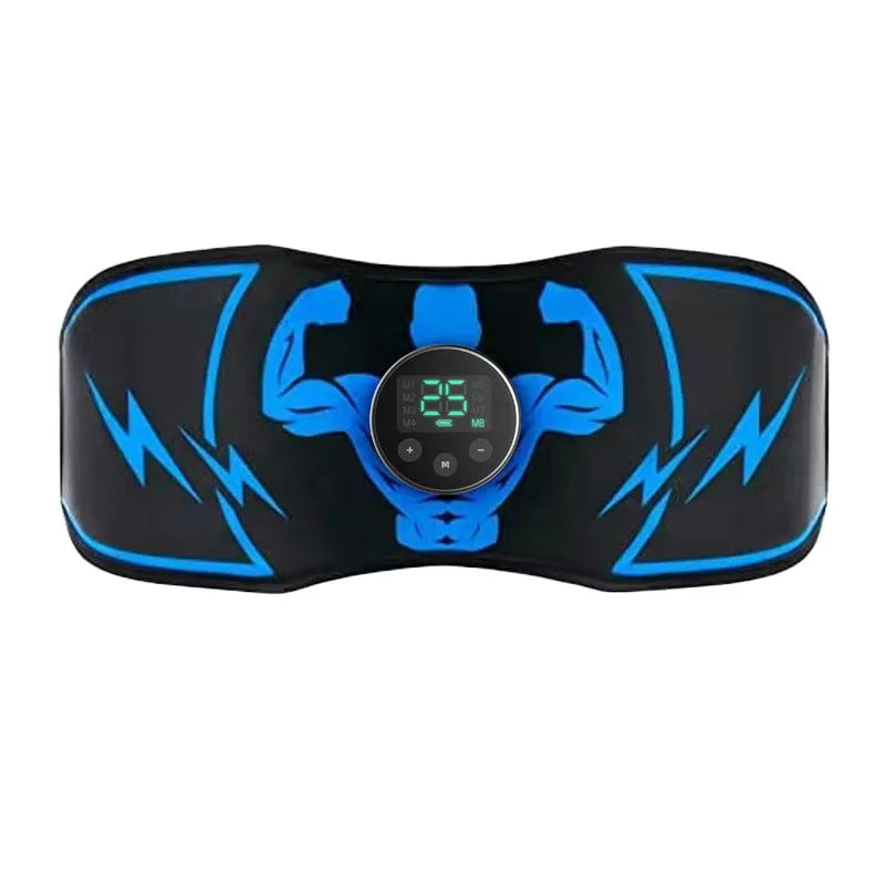 Blue EMS abdominal fitness belt with wireless remote control and arm stickers