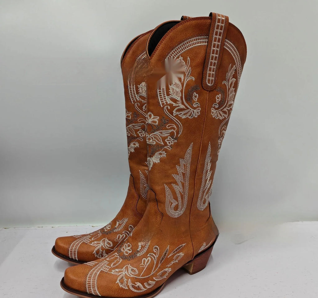 Women's embroidered rhinestone thick high heel high-top boots with side zipper, artificial PU upper, available in multiple colours