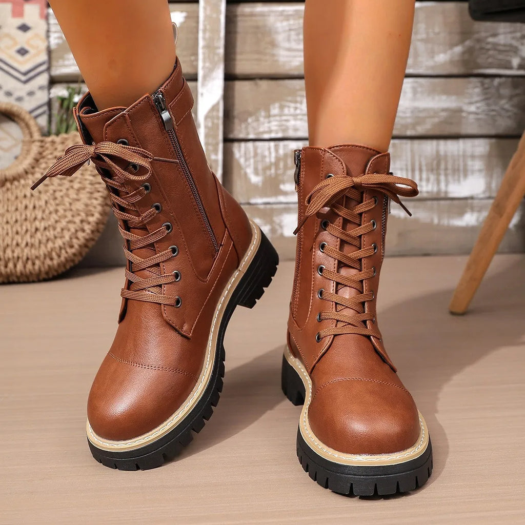 Women's solid colour cowhide low heel middle boots in black