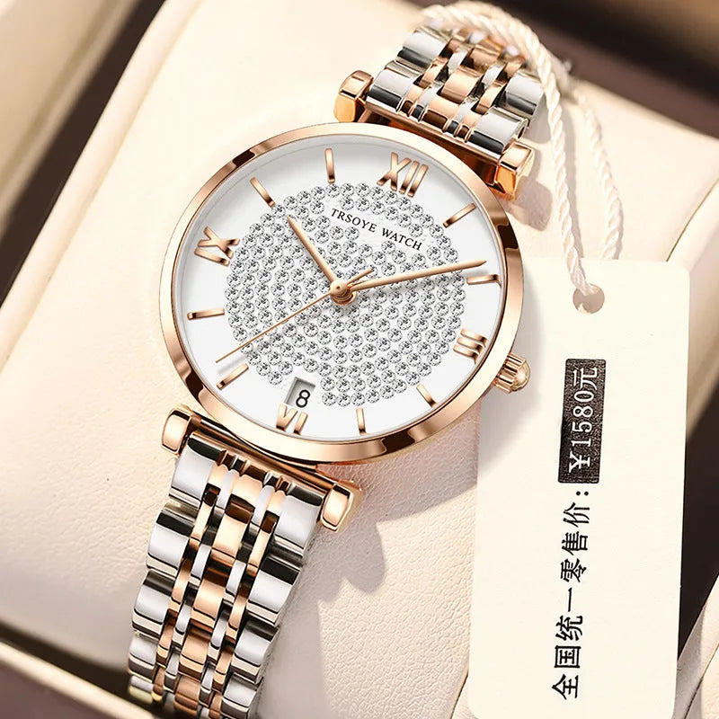 Starry women's quartz watch with 33mm dial, alloy strap, mineral glass mirror, and butterfly clasp on white background