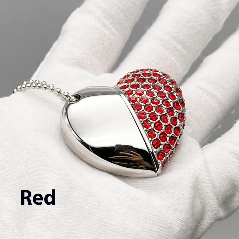 Heart-shaped USB flash drive with brick-inlaid pattern on metal shell, shown in blue colour.