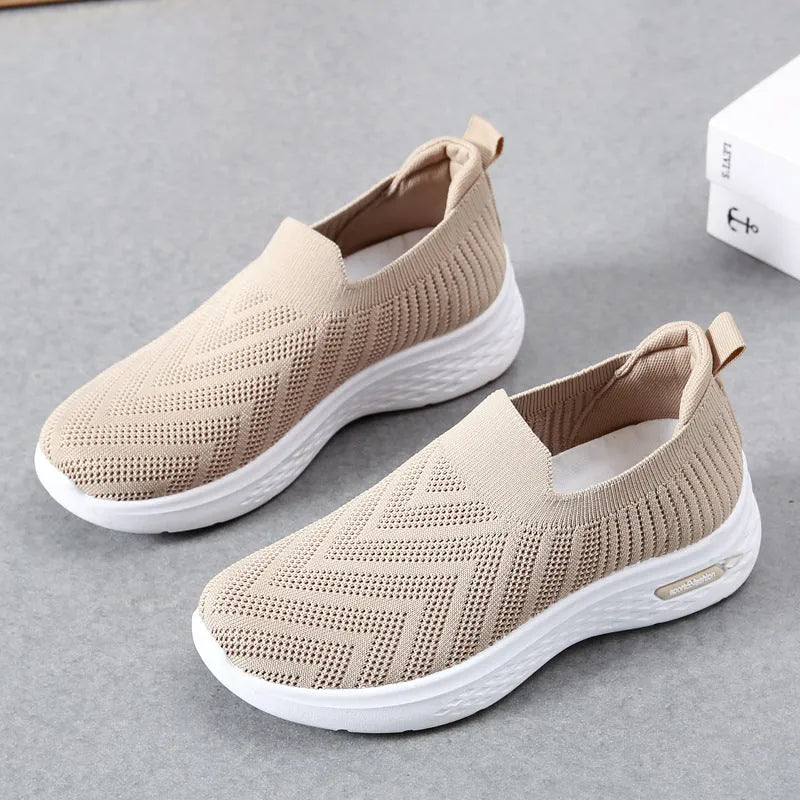 Women's casual mesh slip-on shoes, breathable sock style, soft plastic sole, available in black grey khaki pink