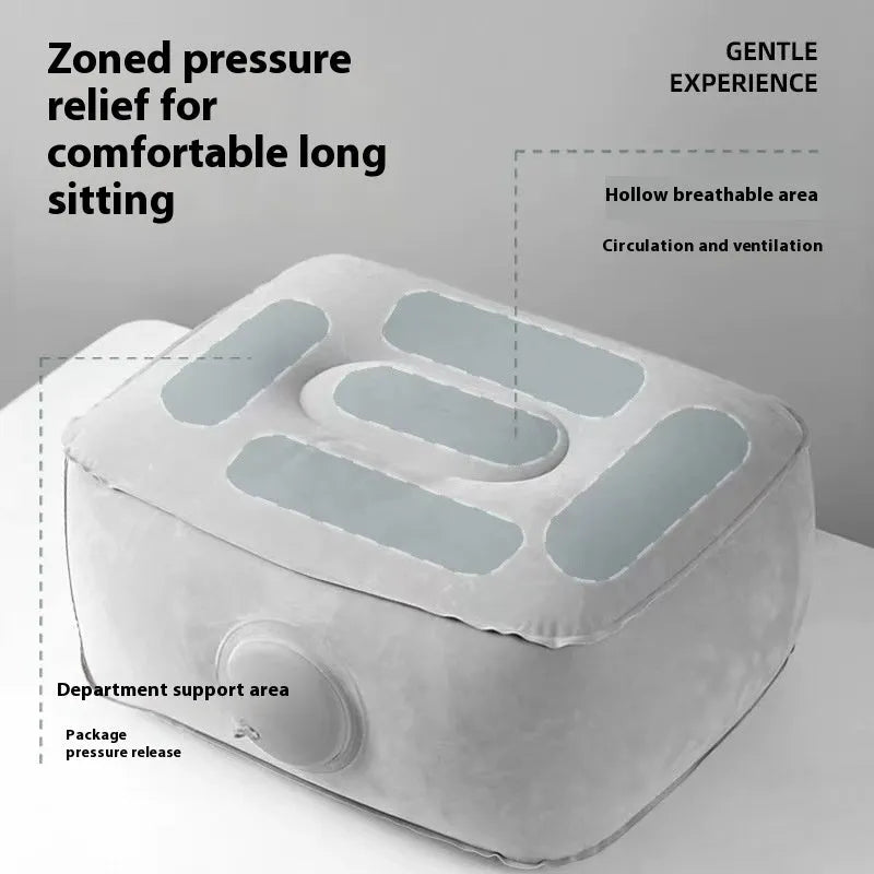Red portable inflatable seat cushion shown folded and inflated on a wooden bench