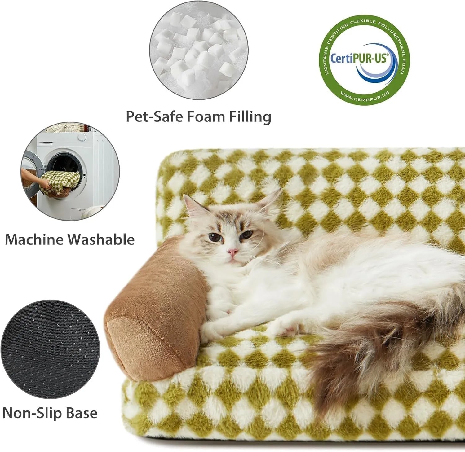 Grey checkered washable pet couch bed for small cat or dog on a wooden floor.
