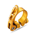 Aluminium alloy bicycle seat post clamp in black, shown next to red, blue, and gold colour options.