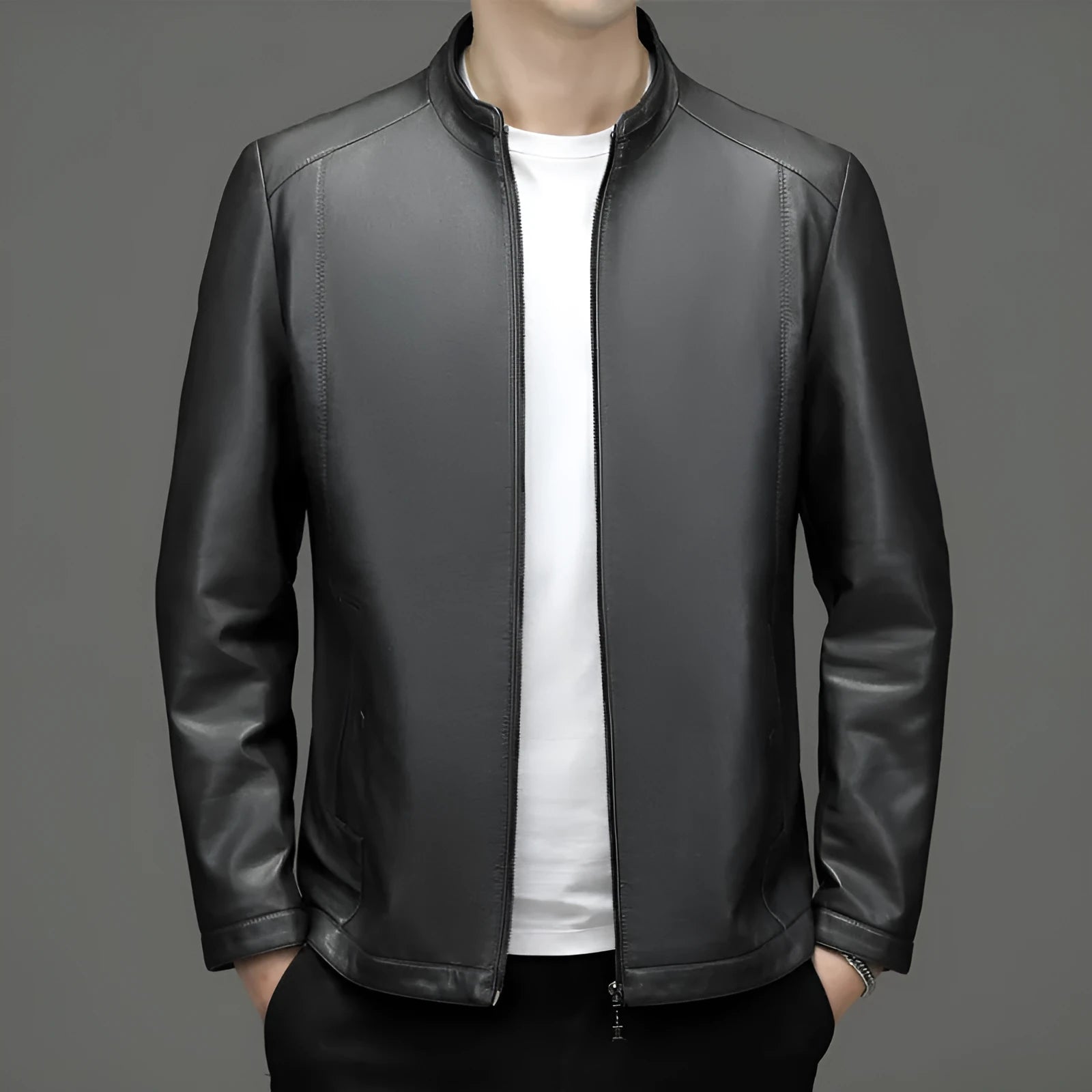Men's genuine sheepskin leather jacket in black with fleece polyester lining, front view