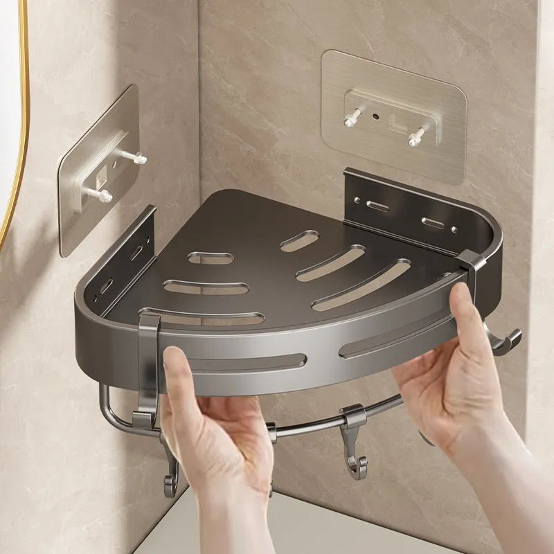 Gun grey punch-free wall-mounted bathroom corner storage rack with fan-shaped design