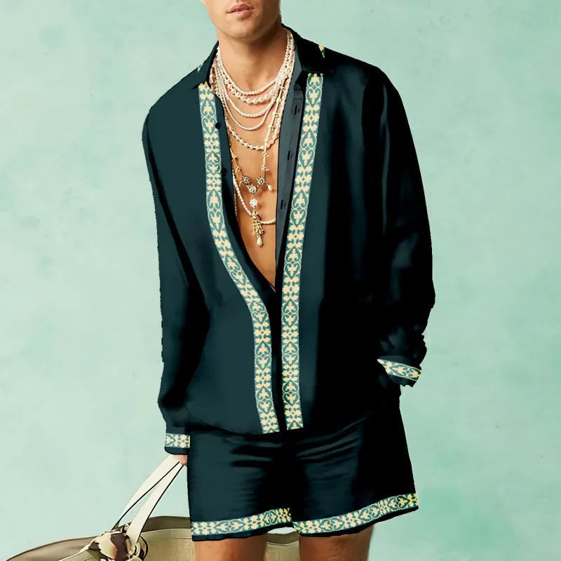 Men's slim fit long sleeve shirt and matching shorts casual summer set on a hanger.