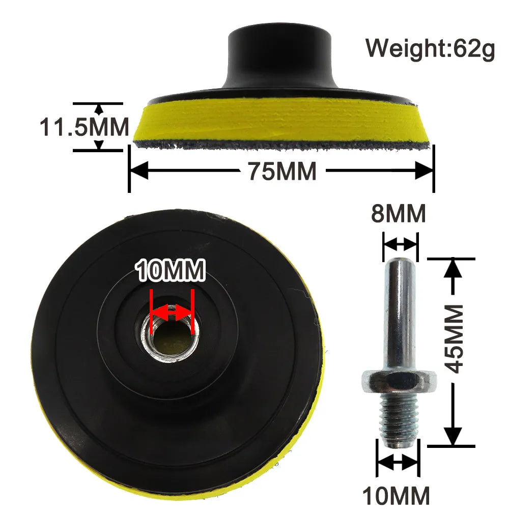 3 inch car polishing sponge set with five wave sponges, one wool pad, and M10 rubber pad