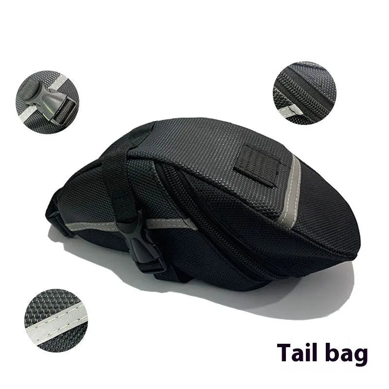 Black polyester bicycle saddle bag with quick release mount under a bike seat