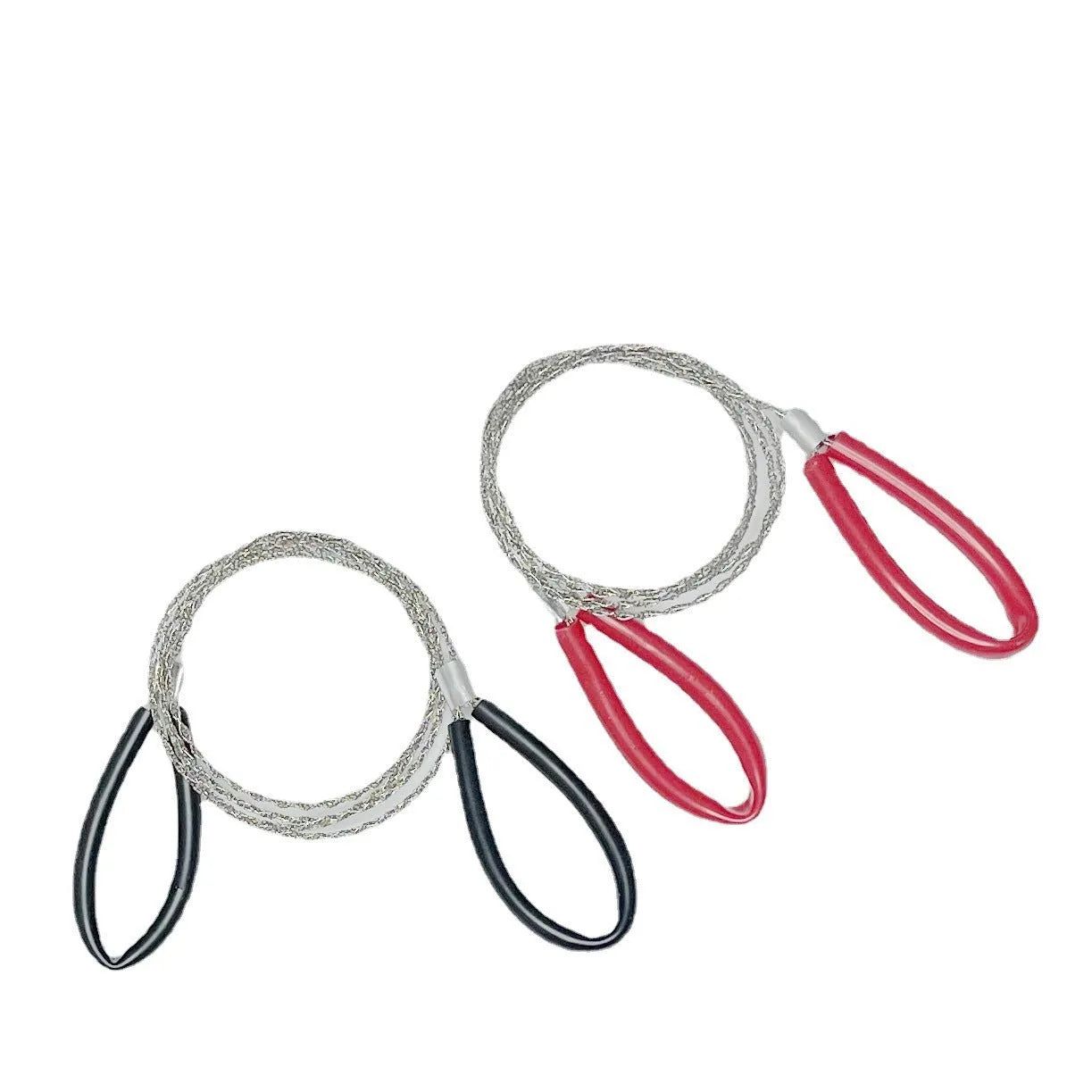 Compact black leather case containing a coiled red steel wire survival saw for outdoor use.