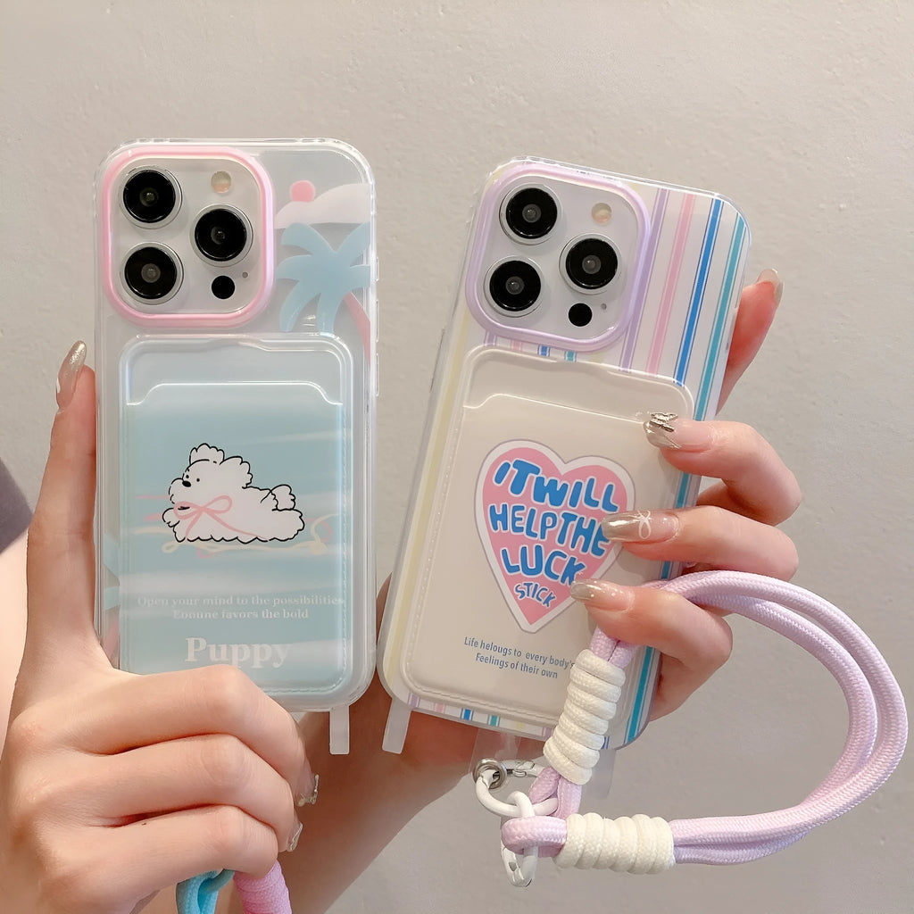 Cartoon lanyard phone case with card holder in Coconut Puppy colour for iPhone 15