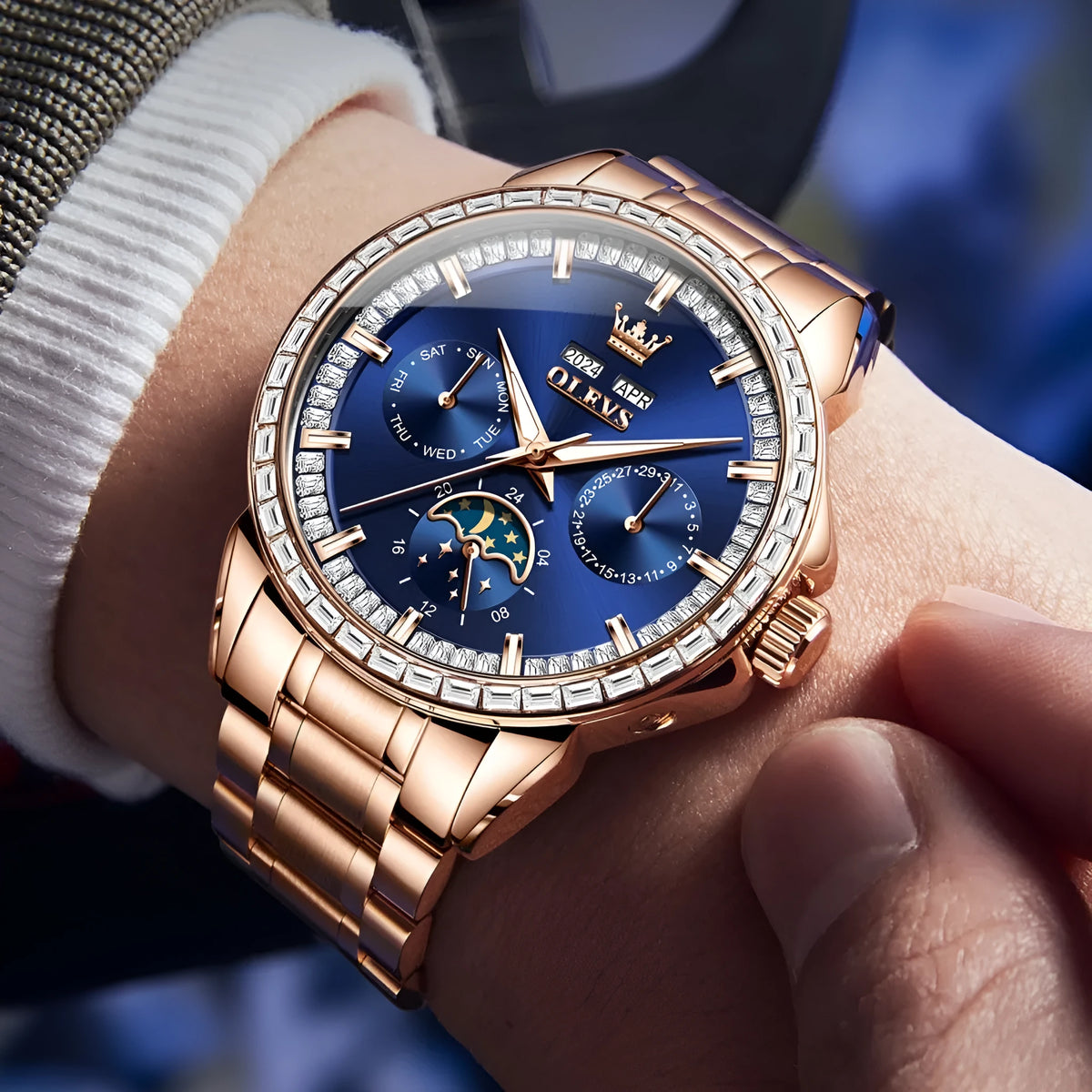 Men's automatic mechanical watch with stainless steel strap and blue dial, 13mm thickness, transparent case back
