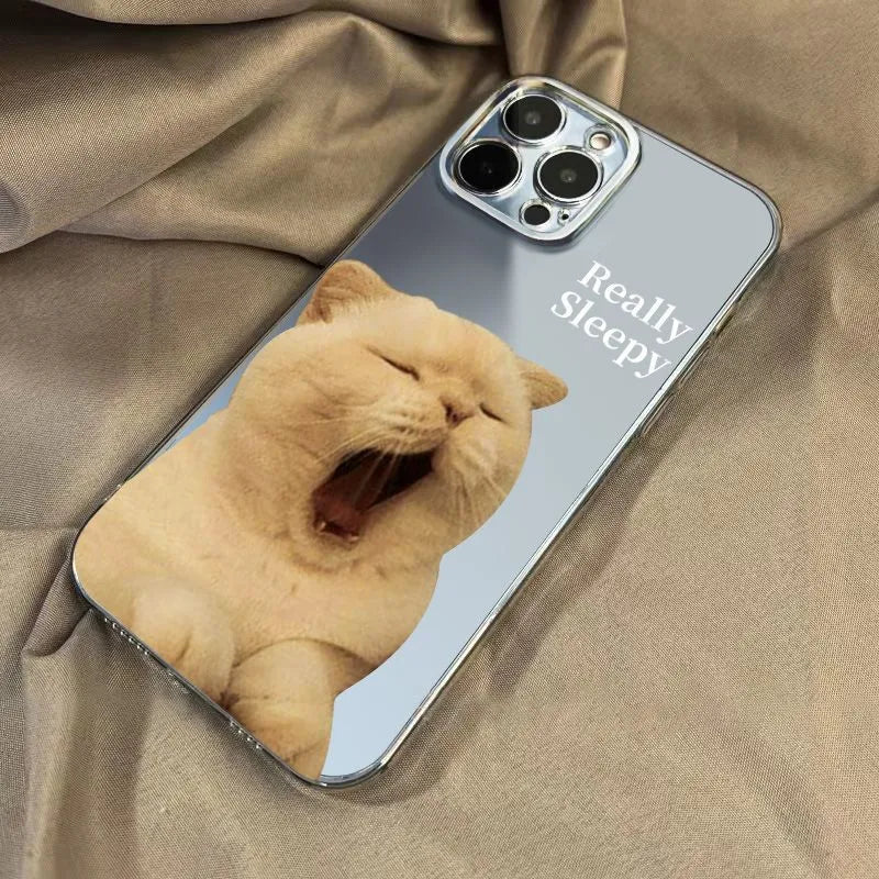 Simple Sleepy Yawn Cat phone case in black TPE with shockproof protection and built-in bracket for iPhone